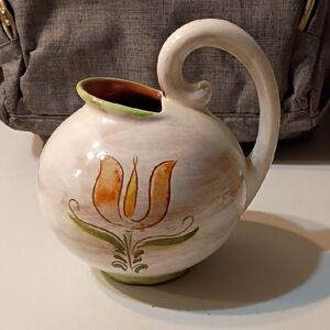 Vintage  Terra Rosa Pitcher with Floral Motif Swirl Handle Cottagecore